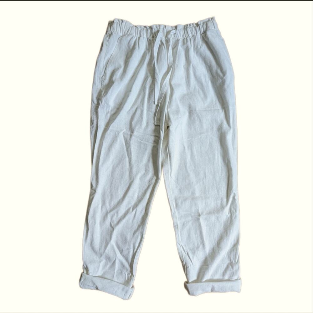 Love Tree Linen Blend High Rise White Paperbag Drawstring Stretchy Beach Pants